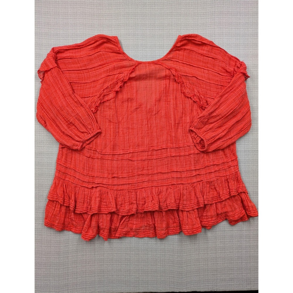 Free People One Tunic Blouse Womens Small Red Ruffle Hem V Neck Boho Top